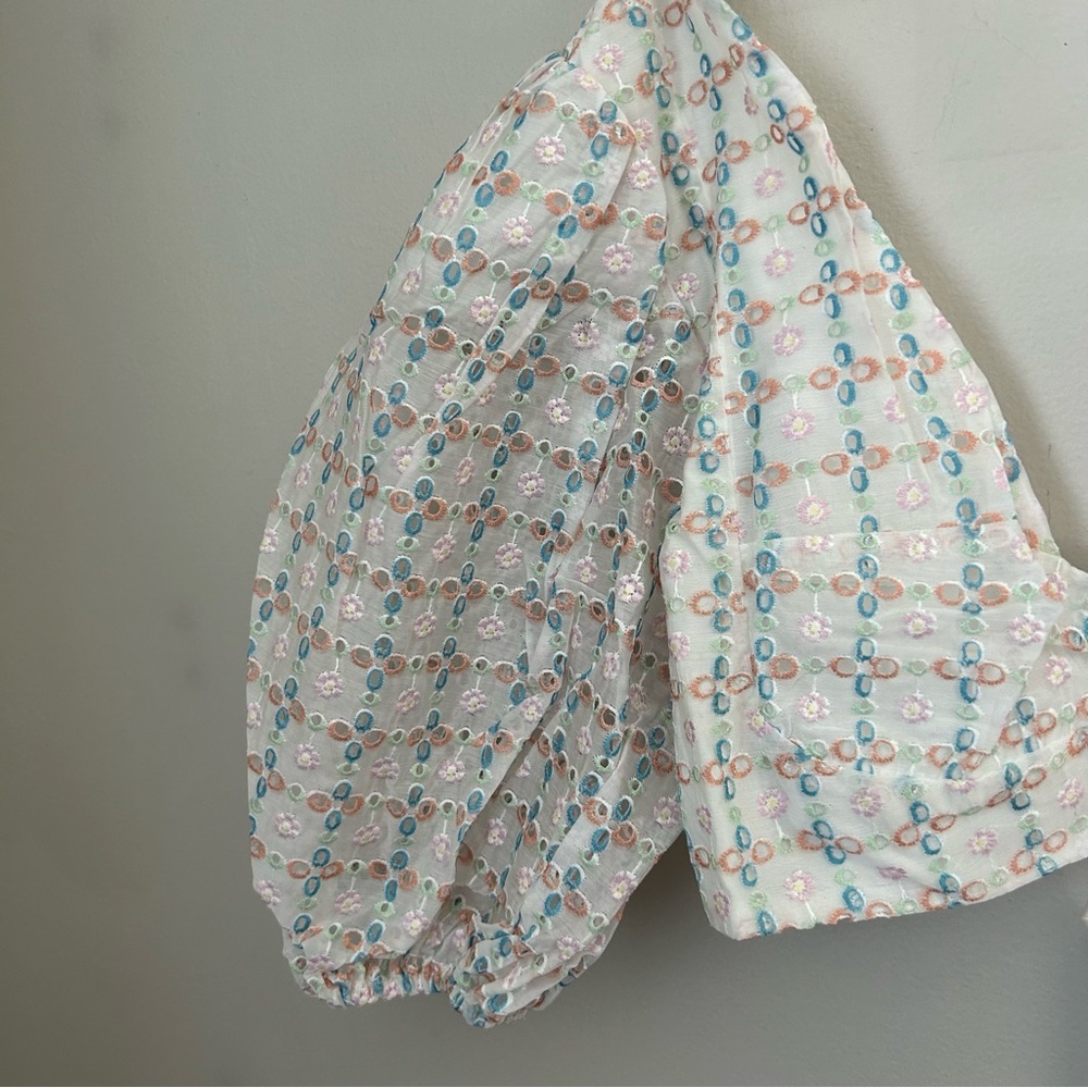For Love And Lemons White Eyelet Crop Top with Pastel Blue Print - Picture 5 of 14